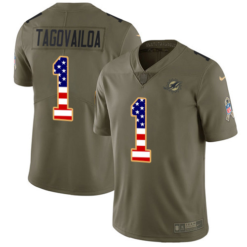 Miami Dolphins #1 Tua Tagovailoa Olive USA Flag Men Stitched NFL Limited 2017 Salute To Service Jersey